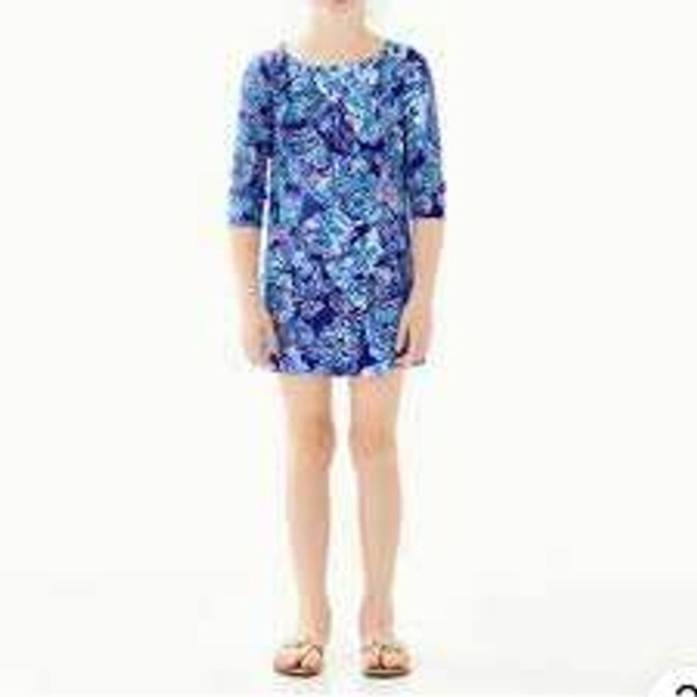 Lilly Pulitzer Dress XL 12-14 Blue Floral 3/4 Sleeve Gold Buttons Rayon Spandex